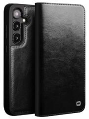 QIALINO For Samsung Galaxy S24+ Wallet Case Waxy Genuine Cow Leather Flip Phone Cover Black Samsung Galaxy S24+ by The Case Factory