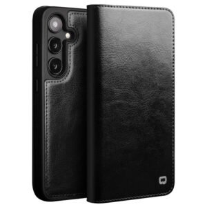 QIALINO For Samsung Galaxy S24+ Wallet Case Waxy Genuine Cow Leather Flip Phone Cover Black Samsung Galaxy S24+ by The Case Factory