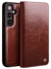 QIALINO For Samsung Galaxy S24+ Wallet Case Waxy Genuine Cow Leather Flip Phone Cover Brown Samsung Galaxy S24+ by The Case Factory