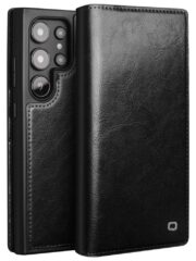 QIALINO For Samsung Galaxy S24 Ultra Wallet Case Waxy Genuine Leather Flip Phone Cover Black Samsung Galaxy S24 Ultra by The Case Factory