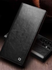 QIALINO For Samsung Galaxy S24 Ultra Wallet Case Waxy Genuine Leather Flip Phone Cover by The Case Factory
