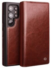 QIALINO For Samsung Galaxy S24 Ultra Wallet Case Waxy Genuine Leather Flip Phone Cover Brown Samsung Galaxy S24 Ultra by The Case Factory