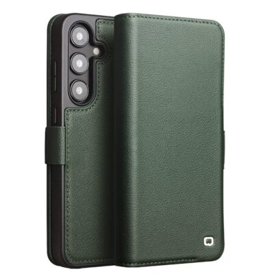 QIALINO For Samsung Galaxy S24 Wallet Case Genuine Leather Magnetic Closure Flip Phone Cover Green Samsung Galaxy S24 by The Case Factory