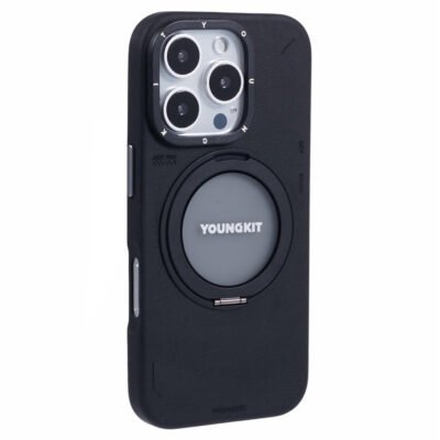 YOUNGKIT For iPhone 16 Pro Max Case Compatible with MagSafe Rotating Kickstand PU Leather+TPU Phone Cover Black by The Case Factory
