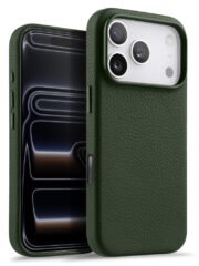 MELKCO For iPhone 17 Pro Max Magnetic Case Genuine Cow Leather Phone Cover with Metal Keys / AI Button Green iPhone 17 Pro Max by The Case Factory