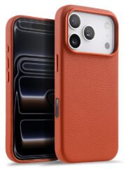 MELKCO For iPhone 17 Pro Max Magnetic Case Genuine Cow Leather Phone Cover with Metal Keys / AI Button Orange iPhone 17 Pro Max by The Case Factory