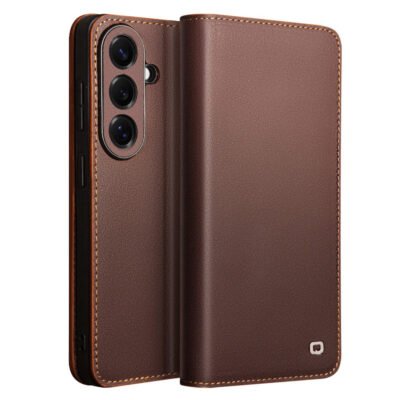 QIALINO For Samsung Galaxy S26+ Wallet Case Matte Genuine Leather Flip Phone Cover