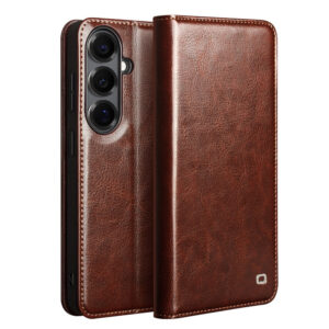 QIALINO For Samsung Galaxy S26 / S26 Pro Wallet Case Waxy Genuine Leather Flip Phone Cover