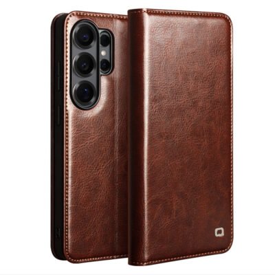QIALINO For Samsung Galaxy S26 Ultra Wallet Case Waxy Genuine Leather Flip Phone Cover