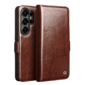 QIALINO For Samsung Galaxy S26 Ultra Wallet Case Waxy Genuine Leather Magnetic Closure Flip Phone Cover