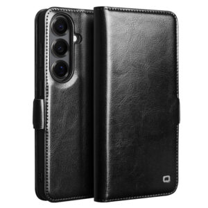 QIALINO For Samsung Galaxy S26+ Wallet Case Waxy Genuine Leather Magnetic Closure Flip Phone Cover