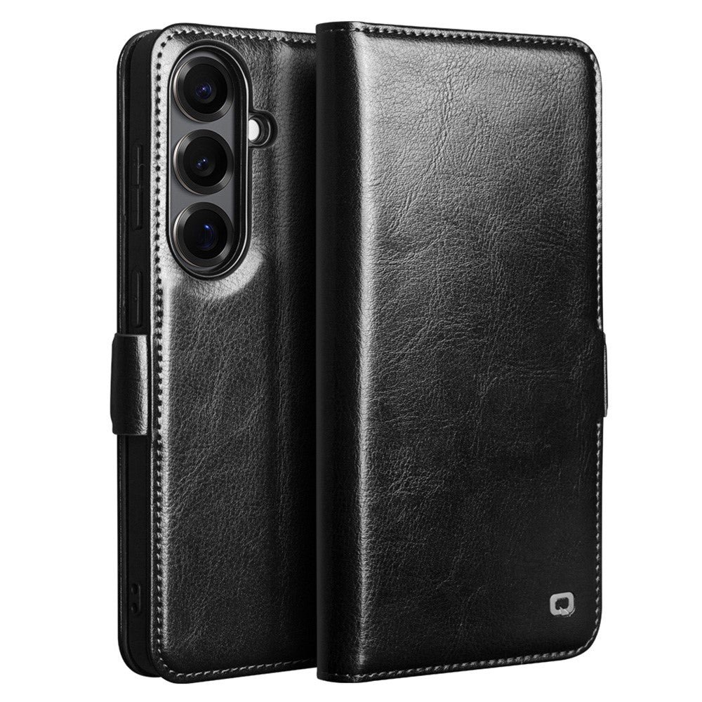 QIALINO For Samsung Galaxy S26+ Wallet Case Waxy Genuine Leather Magnetic Closure Flip Phone Cover