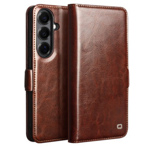 QIALINO For Samsung Galaxy S26 Wallet Case Waxy Genuine Leather Magnetic Closure Flip Phone Cover