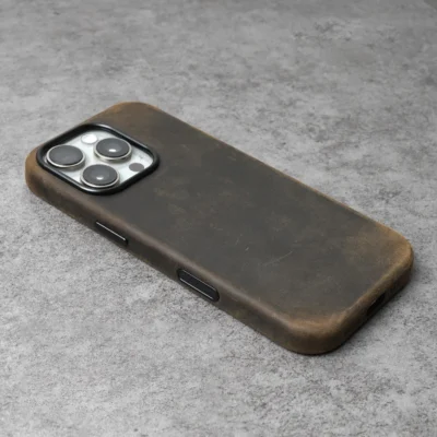 Premium Scars Crazy Horse Genuine Cowhide Leather iPhone Case | Compatible with MagSafe (Coffee)