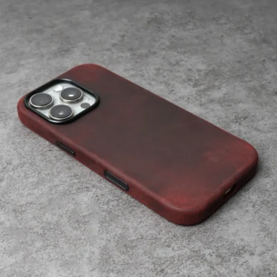 Premium Scars Crazy Horse Genuine Cowhide Leather iPhone Case | Compatible with MagSafe (Burgundy)