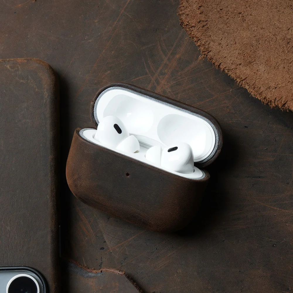 Premium Scars Crazy Horse Genuine Cowhide Leather Case For AirPods Pro 3 & 2 (Ferruginous Brown) - Image 3