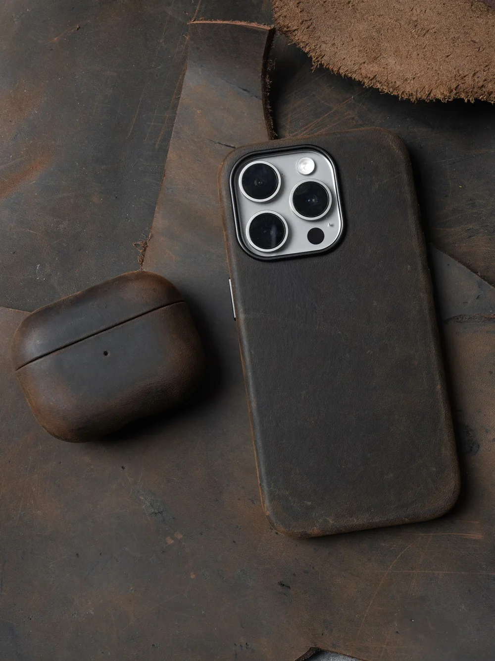 Premium Scars Crazy Horse Genuine Cowhide Leather Case For AirPods Pro 3 & 2 (Ferruginous Brown) - Image 6