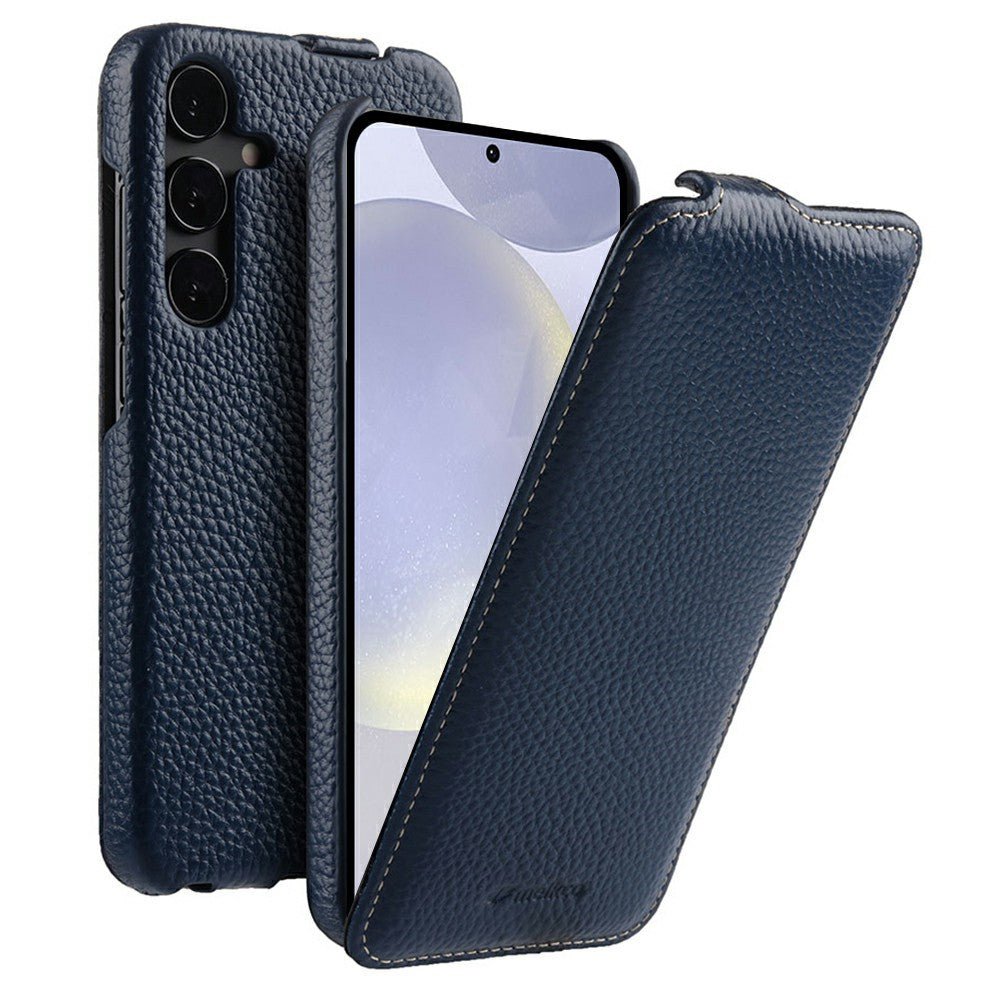 MELKCO For Samsung Galaxy S26 Case Genuine Cowhide Leather Magnetic Vertical Flip Phone Cover
