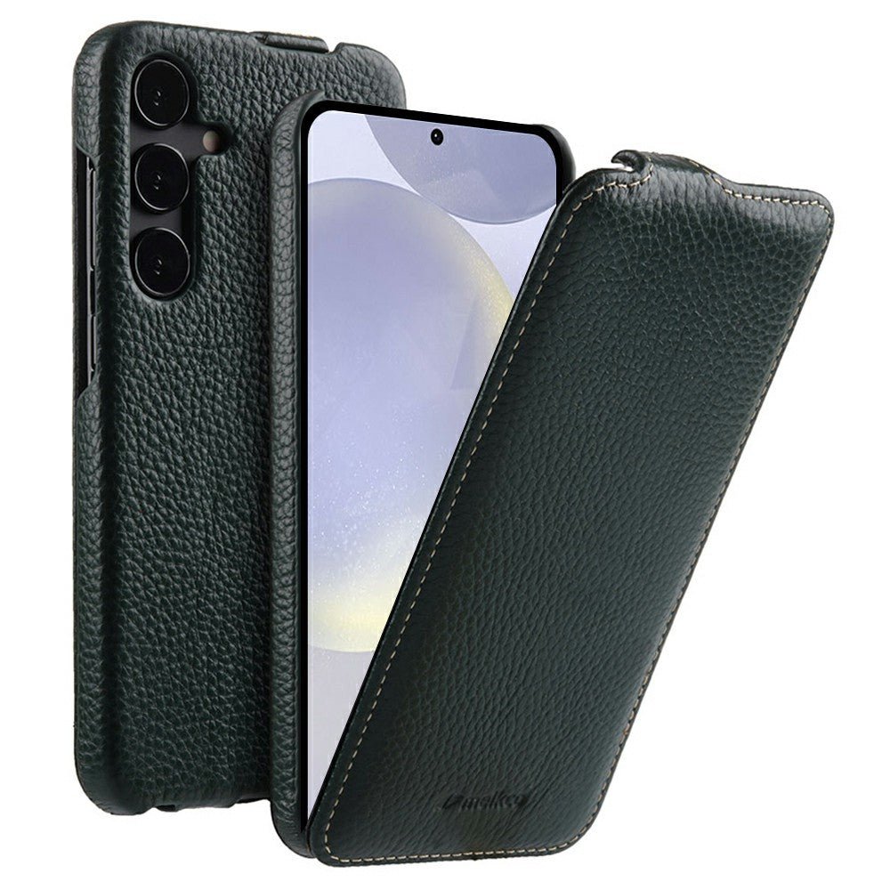 MELKCO For Samsung Galaxy S26+ Case Genuine Cowhide Leather Magnetic Vertical Flip Phone Cover