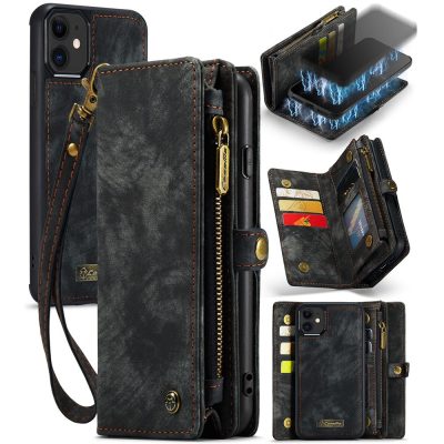 CASEME For iPhone 12 Mini Case 2-in-1 Detachable Magnetic Zipper Wallet Vegan Leather Flip Cover With Strap
