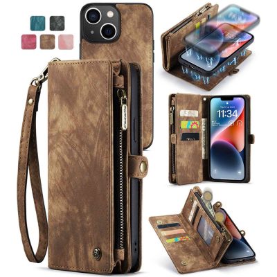 CASEME For iPhone 13 Mini Case 2-in-1 Detachable Magnetic Zipper Wallet Vegan Leather Flip Cover With Strap