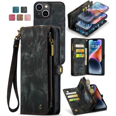 CASEME For iPhone 13 Case 2-in-1 Detachable Magnetic Zipper Wallet Vegan Leather Flip Cover With Strap