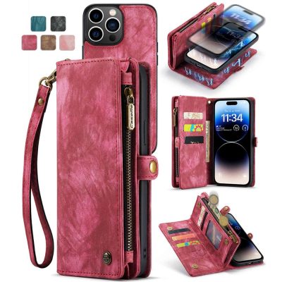 CASEME For iPhone 13 Pro Case 2-in-1 Detachable Magnetic Zipper Wallet Vegan Leather Flip Cover With Strap