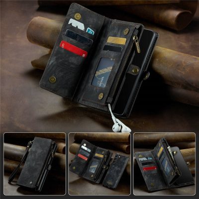 CASEME For Samsung Galaxy S22+ Case 2-in-1 Detachable Magnetic Zipper Wallet Vegan Leather Flip Cover With Strap