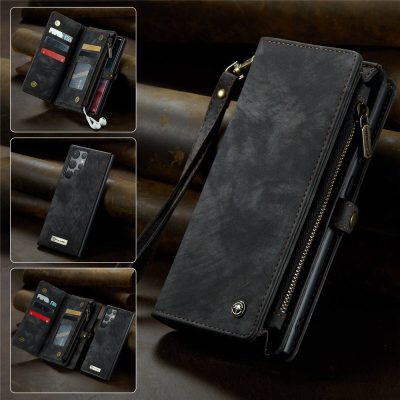 CASEME For Samsung Galaxy S22 Ultra Case 2-in-1 Detachable Magnetic Zipper Wallet Vegan Leather Flip Cover With Strap