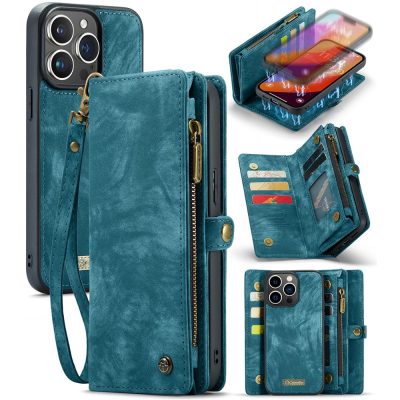 CASEME For iPhone 16 Pro Case 2-in-1 Detachable Magnetic Zipper Wallet Vegan Leather Flip Cover With Strap