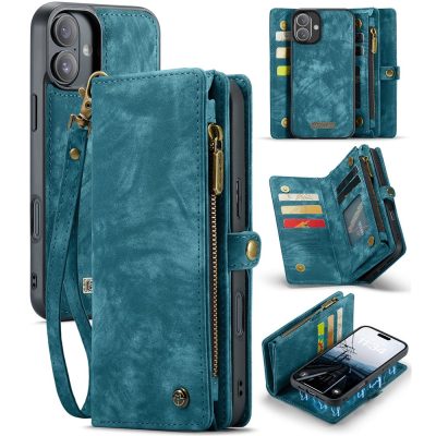 CASEME For iPhone 16 Case 2-in-1 Detachable Magnetic Zipper Wallet Vegan Leather Flip Cover With Strap