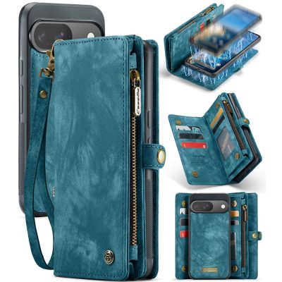 CASEME For Google Pixel 9 / Pixel 9 Pro Case 2-in-1 Detachable Magnetic Zipper Wallet Vegan Leather Flip Cover With Strap
