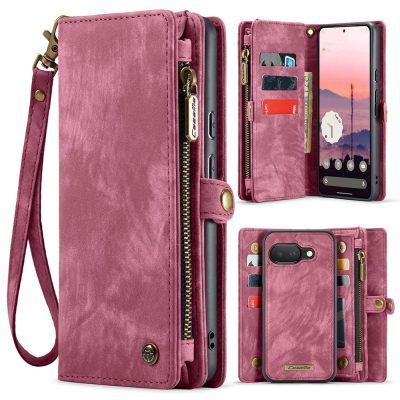 CASEME For Google Pixel 9a Case 2-in-1 Detachable Magnetic Zipper Wallet Vegan Leather Flip Cover With Strap