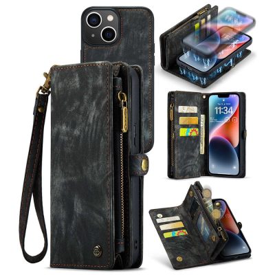 CASEME For iPhone 14 Case 2-in-1 Detachable Magnetic Zipper Wallet Vegan Leather Flip Cover With Strap