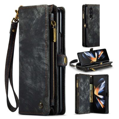 CASEME For Samsung Galaxy Z Fold4 Case 2-in-1 Zipper Wallet Vegan Leather Flip Cover With Strap