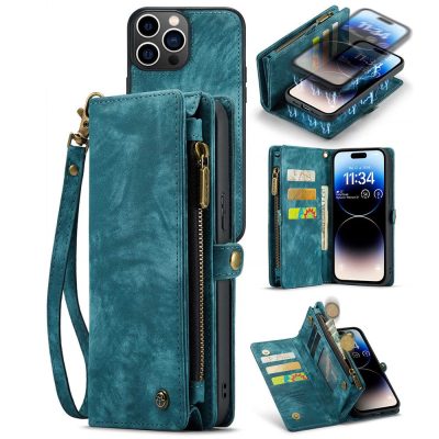 CASEME For iPhone 14 Pro Max Case 2-in-1 Detachable Magnetic Zipper Wallet Vegan Leather Flip Cover With Strap