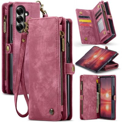 CASEME For Samsung Galaxy Z Fold7 Case 2-in-1 Zipper Wallet Vegan Leather Flip Cover With Strap