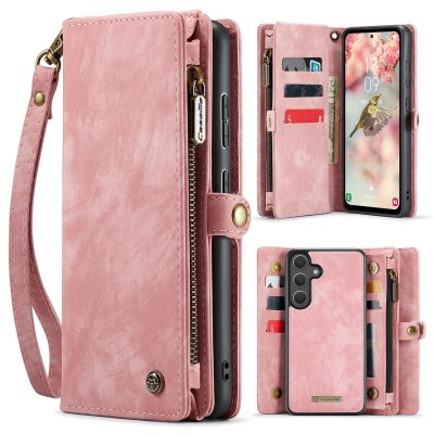 CASEME For Samsung Galaxy S25 FE Case 2-in-1 Detachable Magnetic Zipper Wallet Vegan Leather Flip Cover With Strap