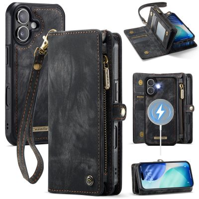 CASEME For iPhone 17 Case 2-in-1 Detachable Magnetic Zipper Wallet Vegan Leather Flip Cover With Strap