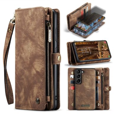 CASEME For Samsung Galaxy S23 Case 2-in-1 Detachable Magnetic Zipper Wallet Vegan Leather Flip Cover With Strap