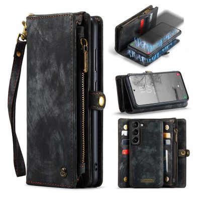 CASEME For Samsung Galaxy S23+ Case 2-in-1 Detachable Magnetic Zipper Wallet Vegan Leather Flip Cover With Strap