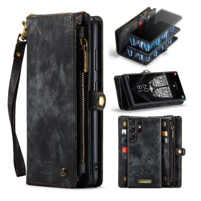 CASEME For Samsung Galaxy S23 Ultra Case 2-in-1 Detachable Magnetic Zipper Wallet Vegan Leather Flip Cover With Strap