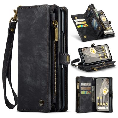 CASEME For Google Pixel Fold Case 2-in-1 Detachable Magnetic Zipper Wallet Vegan Leather Flip Cover With Strap