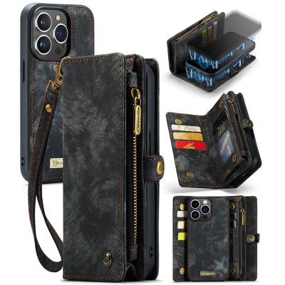 CASEME For iPhone 15 Pro Max Case 2-in-1 Detachable Magnetic Zipper Wallet Vegan Leather Flip Cover With Strap