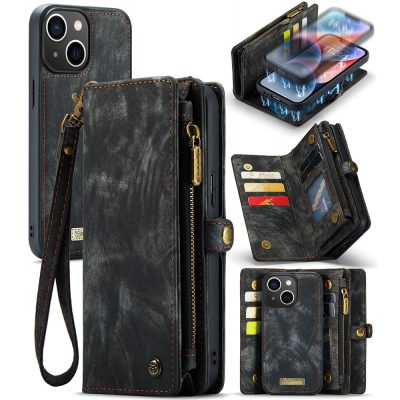 CASEME For iPhone 15 Plus Case 2-in-1 Detachable Magnetic Zipper Wallet Vegan Leather Flip Cover With Strap