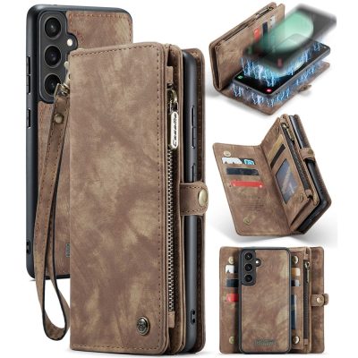 CASEME For Samsung Galaxy S23 FE Case 2-in-1 Detachable Magnetic Zipper Wallet Vegan Leather Flip Cover With Strap