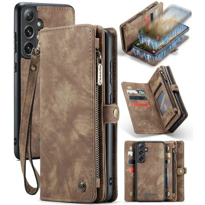 CASEME For Samsung Galaxy S24+ Case 2-in-1 Detachable Magnetic Zipper Wallet Vegan Leather Flip Cover With Strap