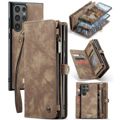 CASEME For Samsung Galaxy S24 Ultra Case 2-in-1 Detachable Magnetic Zipper Wallet Vegan Leather Flip Cover With Strap