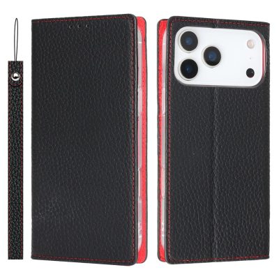 Litchi Texture Genuine Cow Leather Case For iPhone 18 Pro Max Wallet Flip Phone Cover