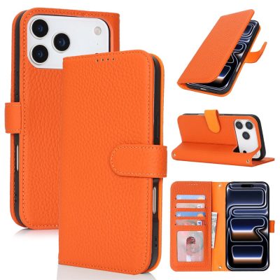 Litchi Texture Genuine Cow Leather Wallet Case For iPhone 18 Pro Stand Flip Phone Cover with RFID Blocking & Magnetic Closure